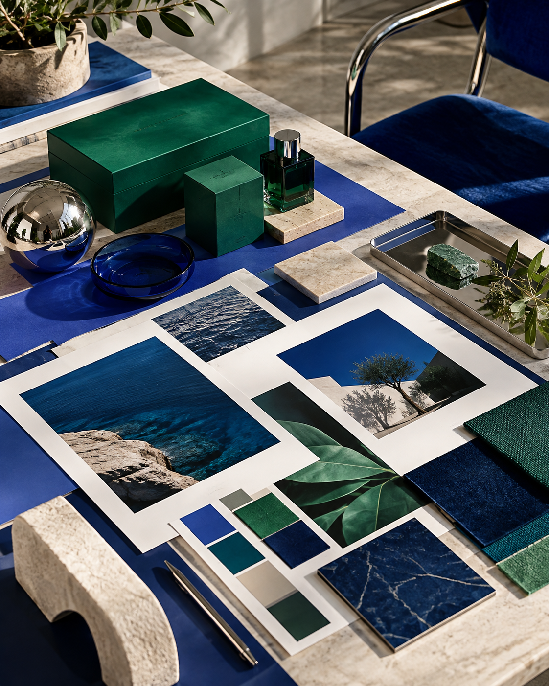 Premium product brand system arranged in a creative studio