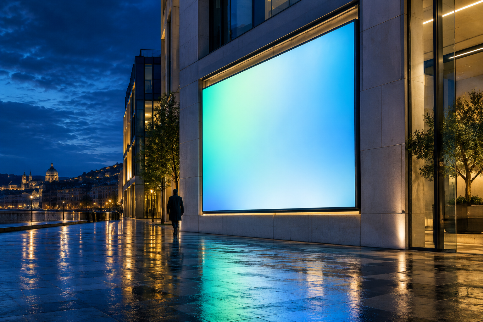 Contemporary outdoor advertising campaign at blue hour